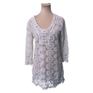 Solitaire Swim Women Crochet Lace V-Neck Cover Up Large White Boho Beach Tunic